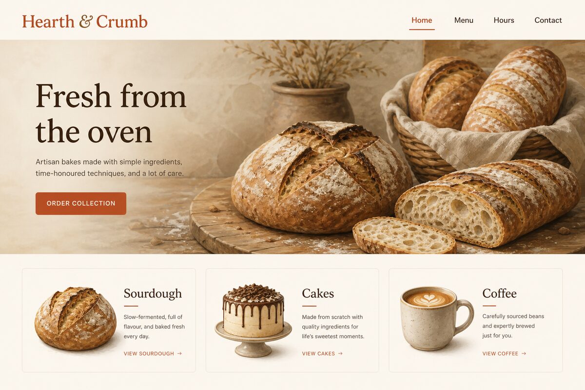 Fictional bakery website, Hearth and Crumb